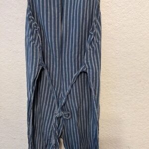 Blue and white‎ long pants romper with adjustable straps and tie waist